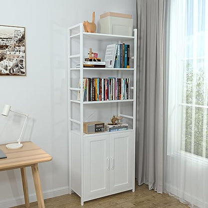 Lazyvan 70" White Bookshelf with Doors and Storage Cabinet - 6 Tier Bookcase for Home and Office - WoodArtSupply