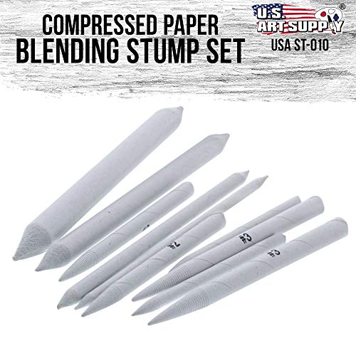 US Art Supply 10 Piece Artist Blending Stump and Tortillion Art Blenders - Pencil, Charcoal, Graphite, Colored Pencils US Art Supply