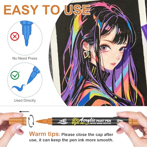 Oficrafted 60 Colors Dual Tip Acrylic Paint Pens Markers, Premium Acrylic Paint Markers with Brush and Fine Tip, Acrylic Paint Pens for Rock Oficrafted
