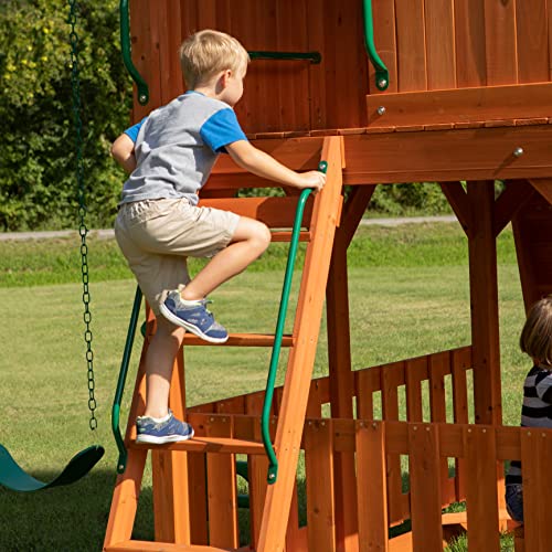 Backyard Discovery, Skyfort II Playground Cedar Wood Swing Set with Playhouse Fort, Sandbox, Picnic Table, Slide, Monkey Bars, Swings, Rock Climber,