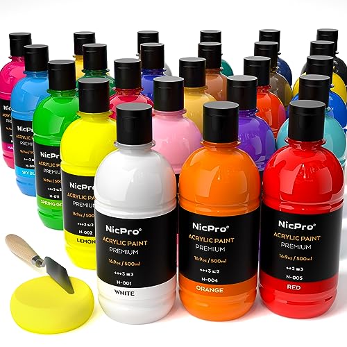 Nicpro 24 Colors Large Bulk Acrylic Paint Set (16.9 oz,500 ml) Non Toxic Artist Painting Supplies for Multi Surface Canvas, Wood, Fabric Leather, Nicpro