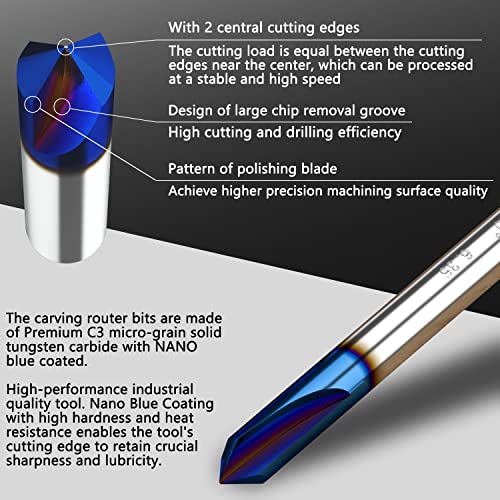 Engraving CNC Wood Carving Router Bit Set 1/4 Inch Shank 15°, 20°, 60°, 90° Engraving Bits with Nano Blue Coated, 2 Flutes Straight CNC V-bit Carzces