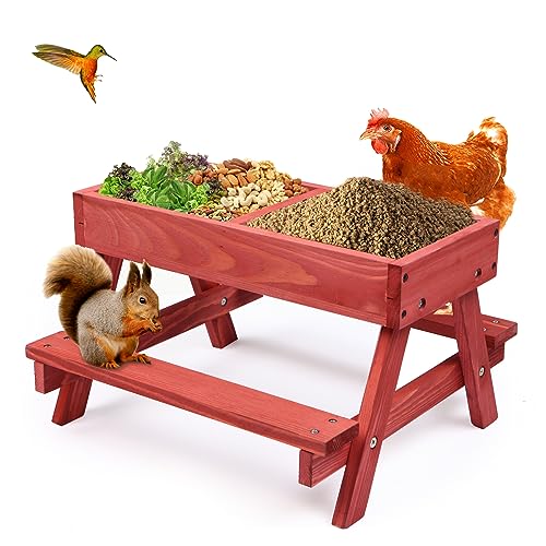 Chicken Picnic Table, Chicken Feeder No Waste Handmade Wooden, Large DIY Chicken Feeder Kit, Wild Bird, Duck & Squirrel Feeders, Mesh Bottom Keep CHTSJQW