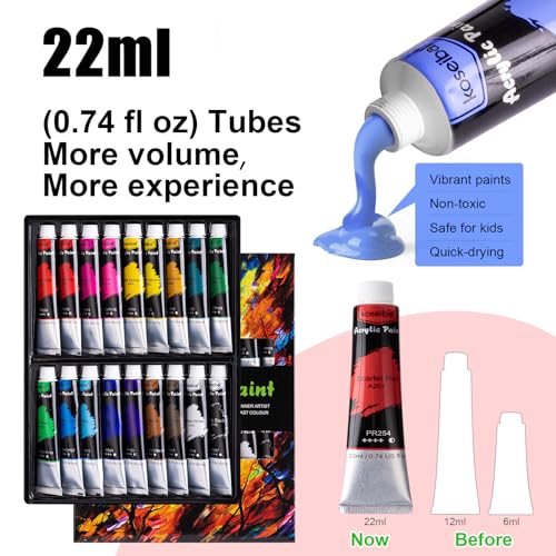 koseibal Art Paint Set with 18 Acrylic Paints, 8 Brushes, 4 Stretched Canvas, 1Wooden Easel, Etc, Premium Painting Supplies Kit for Students, Artists koseibal