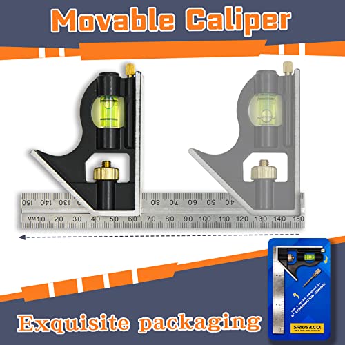 Sirius&Co 6" Combination Square of Metric and Imperial Measurements Stainless Steel Angle Ruler - WoodArtSupply