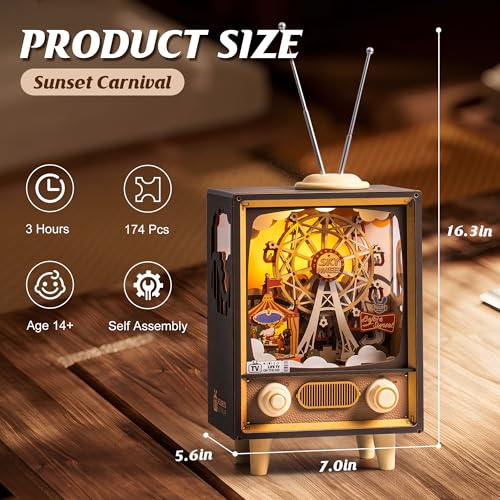 ROBOTIME Wooden Music Box 3D Puzzles for Adults DIY Model Kits to Build Book Nook Hobby Personalized Crafts Gift Home Decoration (Sunset Carnival) ROBOTIME