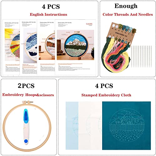 Tcbasrt 4Pack Embroidery Starters Kit with Pattern for Beginners Adults, Cross Stitch Kits Include 2 Embroidery Hoops,4 Embroidery Clothes with Tcbasrt