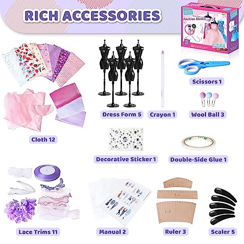 deAO Fashion Design Kit for Girls with 5 Mannequins Creativity DIY Arts & Crafts Toys Doll Clothes Sewing Kit Kids Learning Toys Girl's Craft - WoodArtSupply