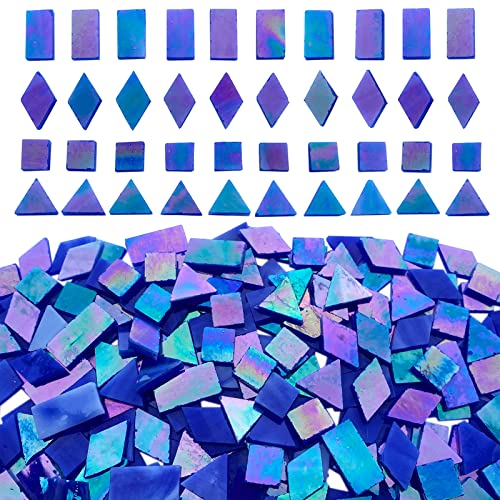 KALUCION Magic Iridescent Blue Stained Glass Mosaic Tiles, 280 Pieces Mixed 4 Shapes Tiffany Stained Glass Kit Mosaic Glass Pieces for Crafts KALUCION