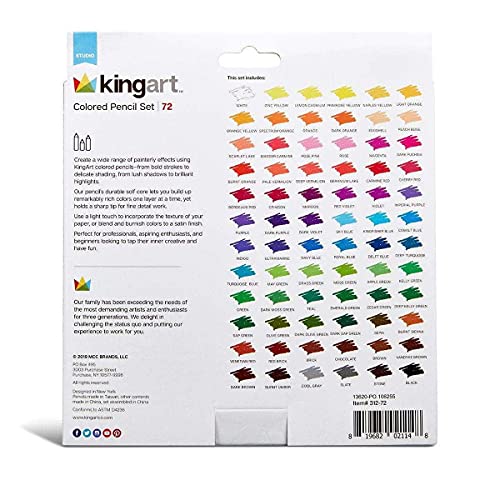 KINGART 312-72 Artist Quality 72 Ct. Colored Pencil Set, 72 Vibrant Pre-Sharpened Colors, Smooth Application for Sketching & Drawing Paper and Mixed KINGART