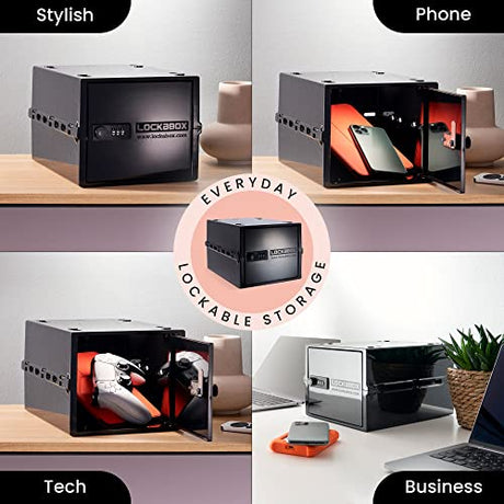 Lockabox One™ | Compact and Hygienic Lockable Storage Box for Food, Medicines, Tech and Home Safety | One Size 12 x 8 x 6.6 inches externally (Jet) Lockabox