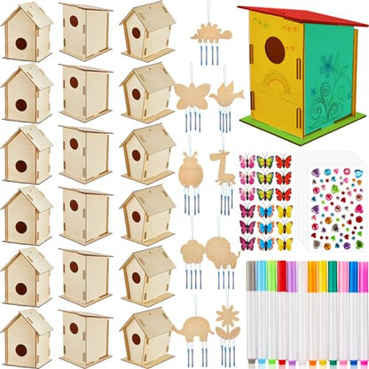Kigley Wooden Birdhouse Kits for Kids with 18 Wooden Unfinished Bird Houses, 18 Wind Chimes, 12 Colors Watercolor Pens, Butterfly and Gem Stickers