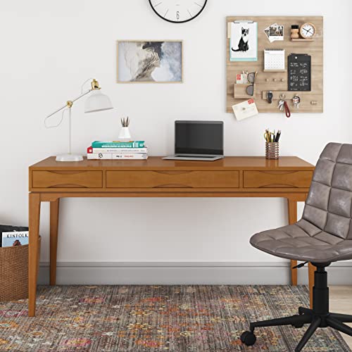 SIMPLIHOME Harper SOLID WOOD Mid Century Modern 60 inch Wide Home Office Desk, Writing Table, Workstation, Study Table Furniture in Light Golden - WoodArtSupply