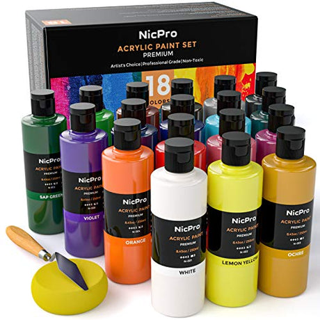 Nicpro 18 Colors Large Acrylic Paint Set, 8.45 fl oz./ 250 ml Artist Painting Supplies Bulk Non-Toxic For Multi Surface Canvas, Wood, Fabric, Nicpro