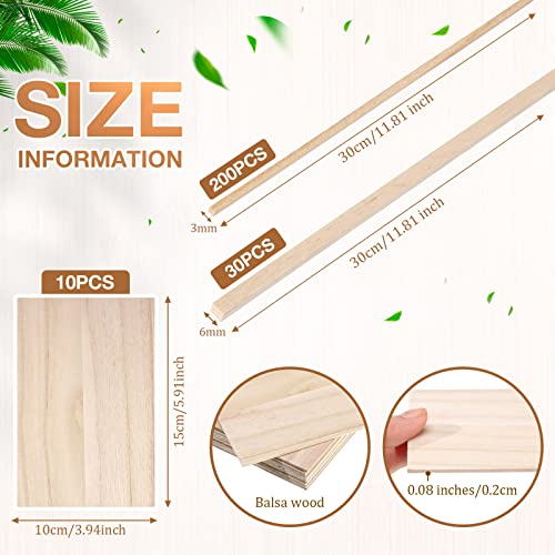 240 Pieces Balsa Wood Sticks Hardwood Square Wooden Craft Dowel Rods Unfinished Balsa Wood Sheets 12 Inch Thin Wooden Strips 1/4 Inch 1/8 Inch for Chunful