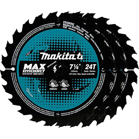 Makita B-61656-3 7-1/4" 24T Carbide-Tipped Max Efficiency Circular Saw Blade, Framing, 3/pk Makita