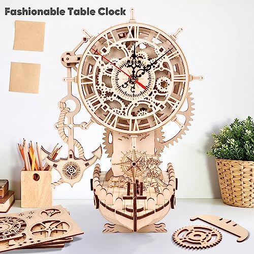 Pirate Ship Clock 3D Wooden Puzzles for Adults, Wooden Models for Adults to Build DIY 3D Puzzle Mechanical Clock Kit, Clock Making Kits Gift for varbertos