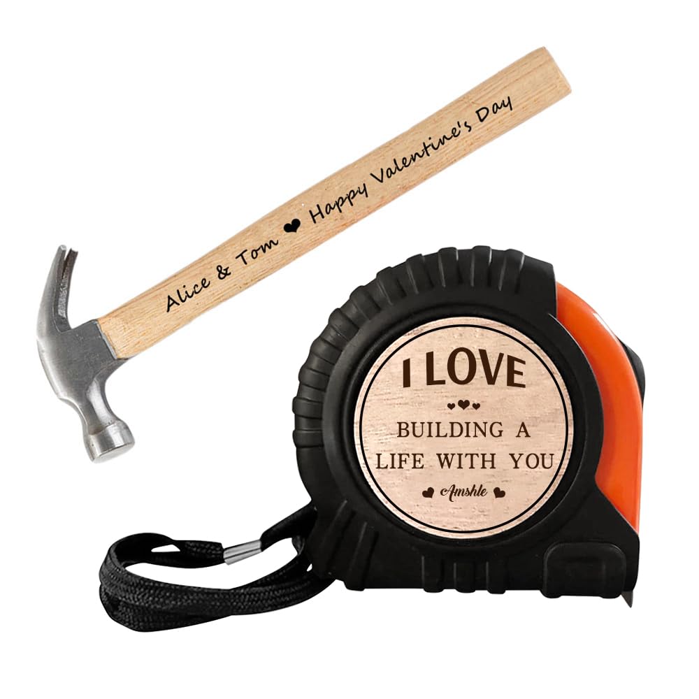 Personalized Tape Measure Hammer Set for Valentine, Customized I Love Building a Life with You Measuring Tape Wood Handle Hammer Set, Valentines Day - WoodArtSupply