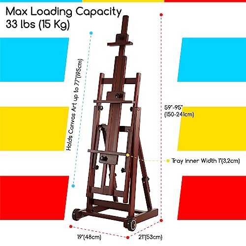 MEEDEN Multi-Function Studio Easel,H-Frame Easel,Painting Easel for Adults,Artist Easel,Floor Easel,Solid Beech Wood Easel w/Front Wheels,Holds MEEDEN