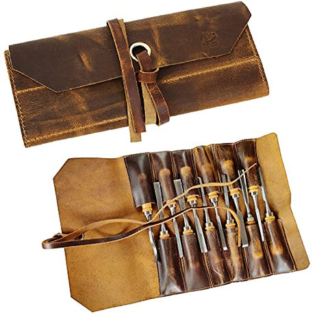 RUSTIC TOWN Leather Tool Roll Up Pouch - 12 Slots Portable Carry On Pouch, Vintage Handmade Wrench Roll/Chisel Storage Organizer Bag RUSTIC TOWN