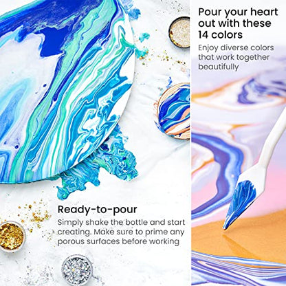 Arteza Acrylic Pouring Paint Kit, 14 Glossy Colors — 8 Pastel & Bright, 3 Iridescent, 3 Metallic, 2 x Stretched Canvas, 2 Wooden Slices, Glitter, and