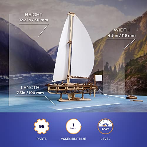 UGEARS Ocean Beaty Yacht 3D Wooden Puzzle - Wooden Mechanical Model Kit to Build - DIY Puzzle Boat with Paper Sails - Brain Teaser Building Set for UGEARS