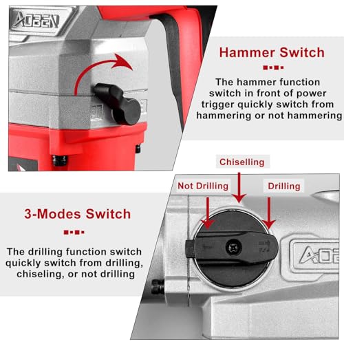 AOBEN 1-1/4 Inch SDS-Plus Rotary Hammer Drill with Vibration Control and Safety Clutch,10 Amp Heavy Duty Demolition Hammer for Concrete-Including 3 - WoodArtSupply