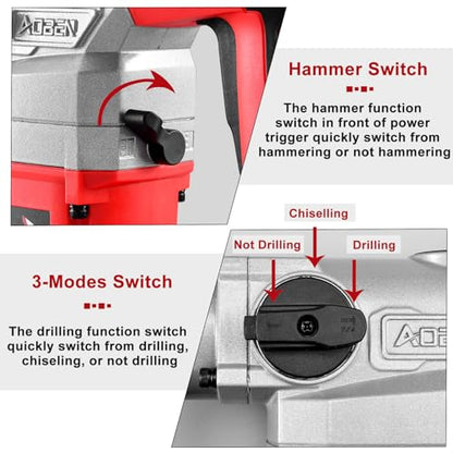 AOBEN 1-1/4 Inch SDS-Plus Rotary Hammer Drill with Vibration Control and Safety Clutch,10 Amp Heavy Duty Demolition Hammer for Concrete-Including 3 - WoodArtSupply