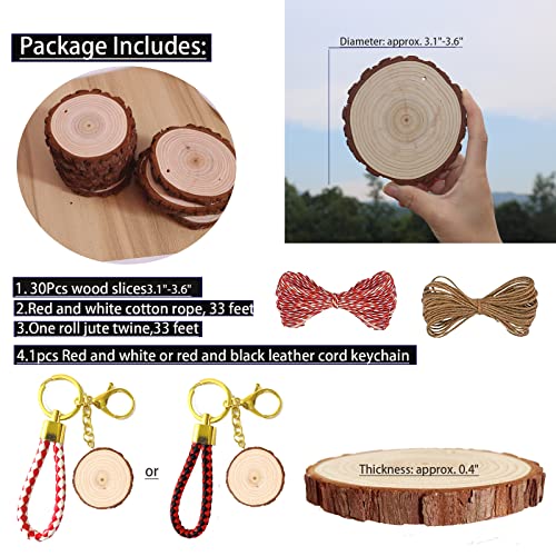SENMUT Wood Slices 30 Pcs 3.1-3.6inch Natural Rounds Unfinished Wooden Circles Christmas Wood Ornaments for Crafts Wood Kit Predrilled with Hole Wood SENMUT