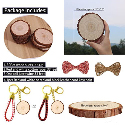 SENMUT Wood Slices 30 Pcs 3.1-3.6inch Natural Rounds Unfinished Wooden Circles Christmas Wood Ornaments for Crafts Wood Kit Predrilled with Hole Wood