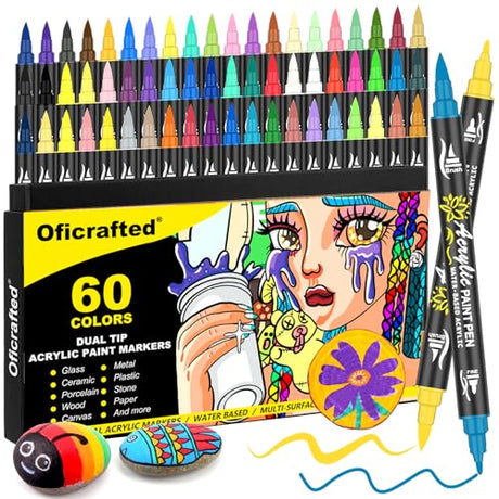 Oficrafted 60 Colors Dual Tip Acrylic Paint Pens Markers, Premium Acrylic Paint Markers with Brush and Fine Tip, Acrylic Paint Pens for Rock Oficrafted