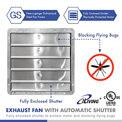 iLIVING 20" Wall Mounted Shutter Exhaust Fan, Automatic Shutter, with Thermostat and Variable Speed controller, 2.2A, 3368 CFM, 5000 SQF Coverage - WoodArtSupply