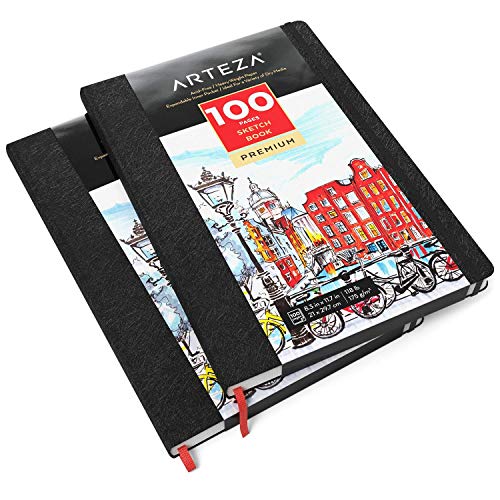 Arteza 8.3x11.7 Inch Sketch Book, Pack of 2, 100 Pages per Pad, 118lb/175gsm, Hardcover Journals with Bookmark Ribbon, Expandable Inner Pocket, and