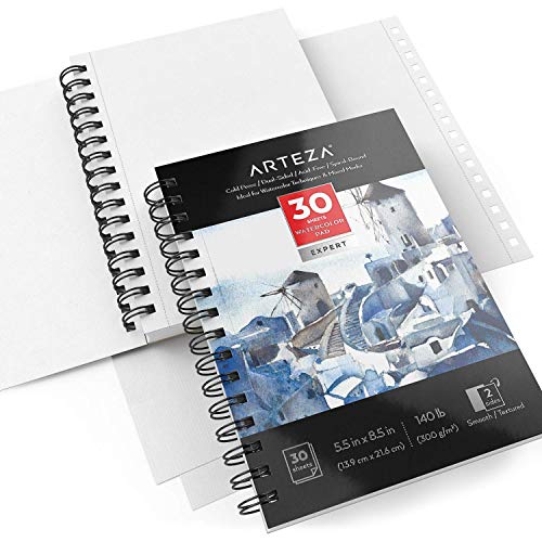 Arteza Watercolor Paper Pad Expert, Watercolor Sketchbook 5.5x8.5 Inch, Pack of 3, 30 Sheets Each, Spiral Bound, 140lb/300gsm Cold Pressed Acid Free - WoodArtSupply