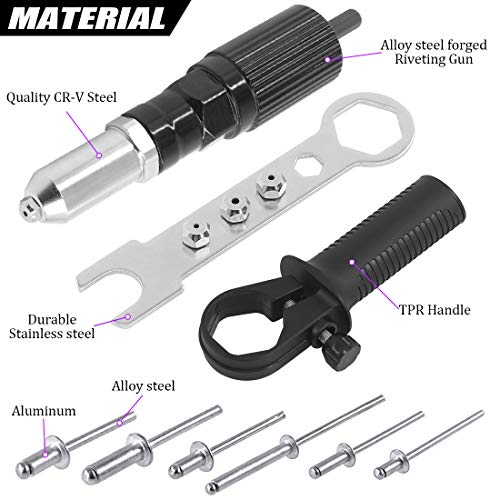 Swpeet 211Pcs Black Alloy Steel Electric Rivet Gun Adapter Kit, Including 2.4/3.2/4.0/4.8mm Diameter Rivet Head and Handle Wrench with 500Pcs - WoodArtSupply