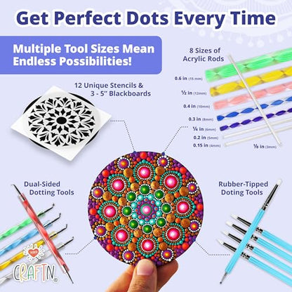 Complete Beginner's Mandala Painting 48 Piece Kit with Acrylic Paints, Reusable Stencils and Dotting Tools. Fun Rock Art & DIY Craft Project. Starter