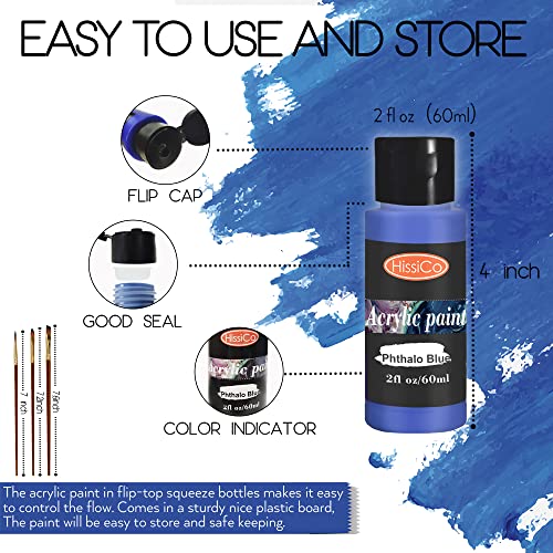 Acrylic Paint Set of 54 Colors 2fl oz 60ml Bottles with12 Brushes,Non Toxic 54 Colors Acrylic Paint No Fading Rich Pigment for Kids Adults Artists HissiCo