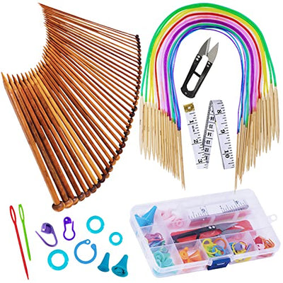 Bamboo Knitting Needles Set, Exquiss 18 Pairs Circular(31.5”) Wooden Knitting Needles with Colored Plastic Tube, 36PCS Single Pointed Bamboo Knitting