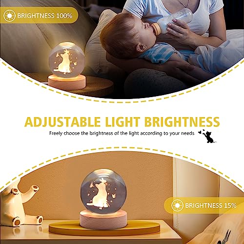 3.15in 3D Cat Figurine Crystal Ball Lamp, Cat Light Lamp with Wooden Base, Cat Gifts for Cat Lovers, Cat Stuff for Cat Lovers, Birthday Christmas Shellvcase