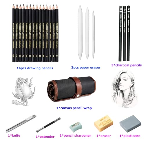 HOTCOLOR Drawing Pencils, 24pcs Art Pencil Set with Graphite Pencils Sketching Pencil Set Include 12B 10B 8B 7B 6B 5B 4B 3B 2B B HB 2H 4H 6H, HOTCOLOR