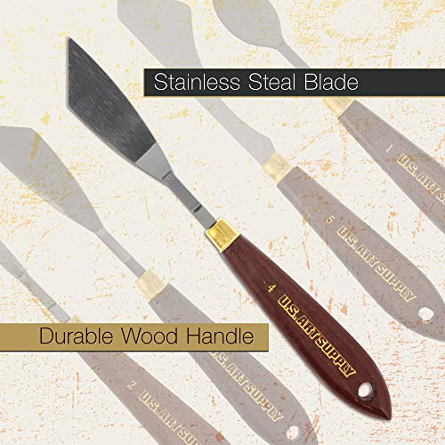 U.S. Art Supply 5-Piece Artist Stainless Steel Palette Knife Set - Wood Hande Flexible Spatula Painting Knives for Color Mixing Spreading, Applying - WoodArtSupply