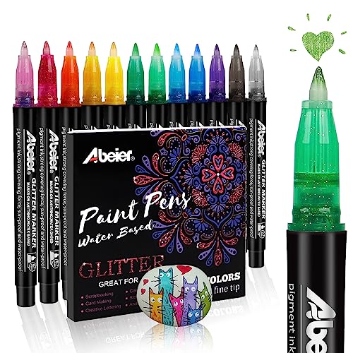 ABEIER Glitter Markers Pens, 12 Colors Sparkle Acrylic Metallic Paint Pens, Fine Point Tip, Water-based Ink for Rock Painting, Stone, Mugs, Ceramic, ABEIER