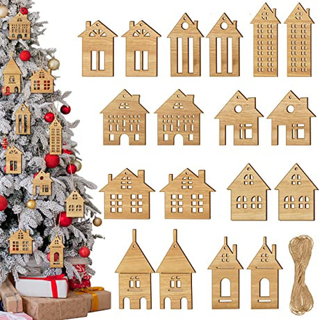 Unittype 18 Pcs Christmas Wooden House Cutout Ornaments Christmas Tree Wooden House Shaped Embellishment Hanging Ornaments Double Side Wood House Unittype