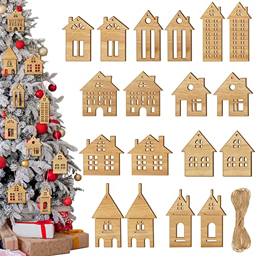 Unittype 18 Pcs Christmas Wooden House Cutout Ornaments Christmas Tree Wooden House Shaped Embellishment Hanging Ornaments Double Side Wood House - WoodArtSupply