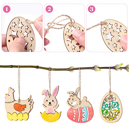 TOYANDONA 48 Pcs Easter Wooden Ornaments, Unfinished Wood Easter Cutouts Hanging Embellishments Easter Wooden Crafts for Kids Easter Party Supplies TOYANDONA