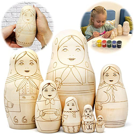 AEVVV Blank Nesting Dolls for Coloring Set 7 pcs - Paint Your Own Matryoshka - Blank Russian Nesting Dolls Unpainted Matryoshka Dolls - Russian Dolls AEVVV