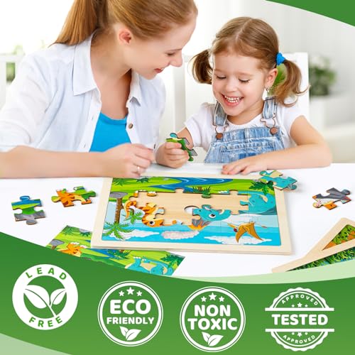 Art Set & 4 Pack Wooden Dinosaur Puzzles for Kids - WoodArtSupply