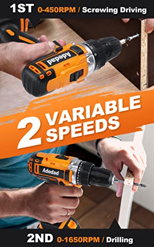 Adedad 20V Cordless Drill Set Electric Power Drill Kit with Battery and Charger, 3/8 Inch Keyless Chuck, 21+1 Position,2 Variable Speed, LED Light - WoodArtSupply