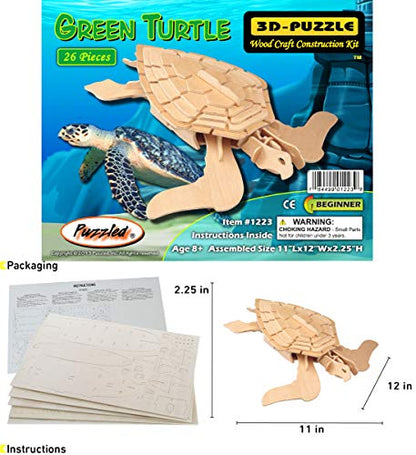 Puzzled 3D Puzzle Green Turtle Wood Craft Construction Model Kit, Fun Unique Educational DIY Wooden Toy Assemble Model Unfinished Crafting Hobby