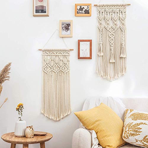 Mkono 2 Pcs Macrame Woven Wall Hanging Boho Home Chic Bohemian Geometric Art Decor - Beautiful Bedroom Nursery Apartment Decoration, Gift for Girls - WoodArtSupply